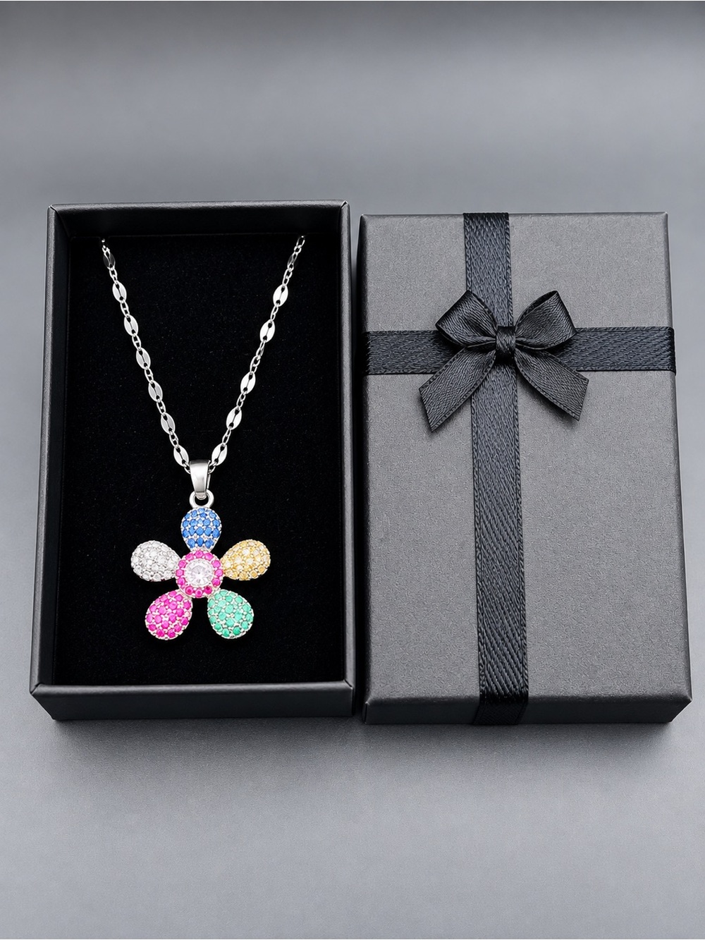 Multicolor Sparkle Flower Pendant Necklace - Silver Tone
